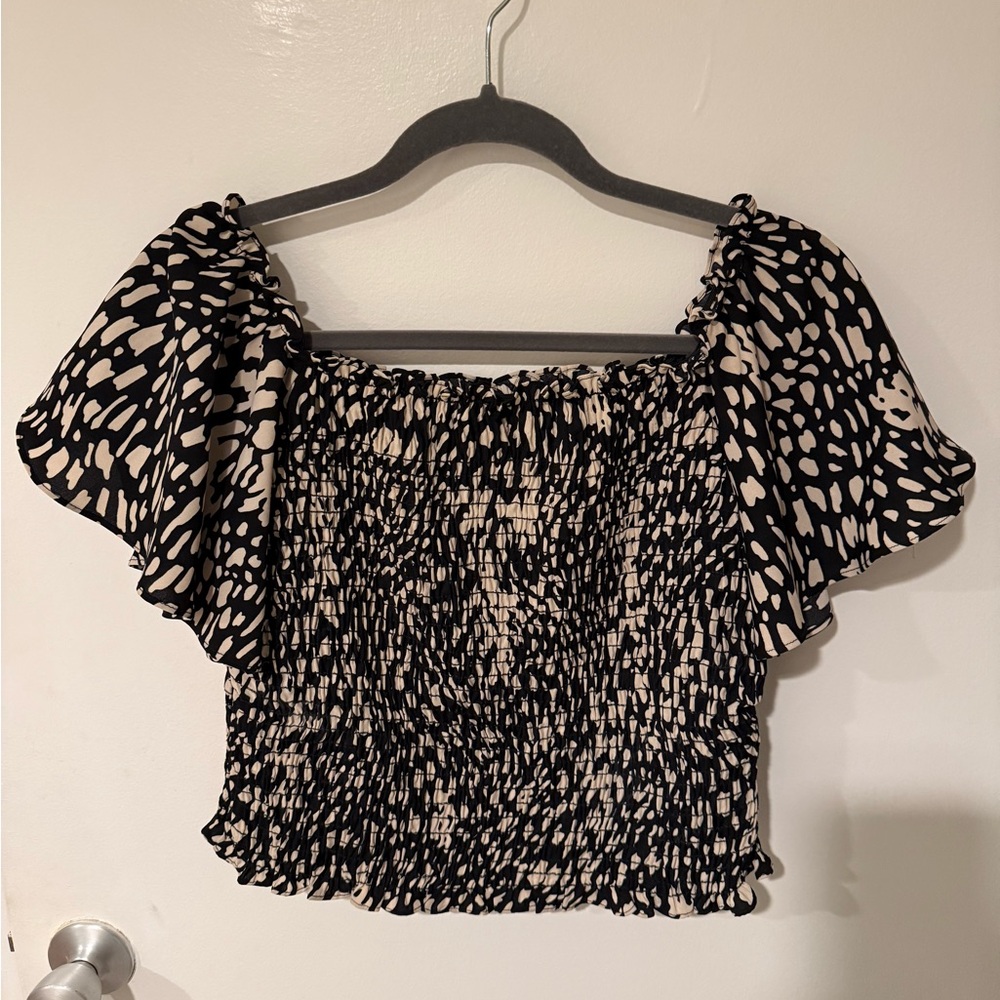 Traffic People Black and Cream Smocked Blouse